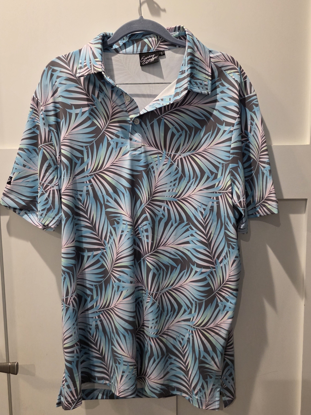 Sunday Swagger Blue Pink Palm Tree Polo Golf Shirt Large Tropical Leaves Resort